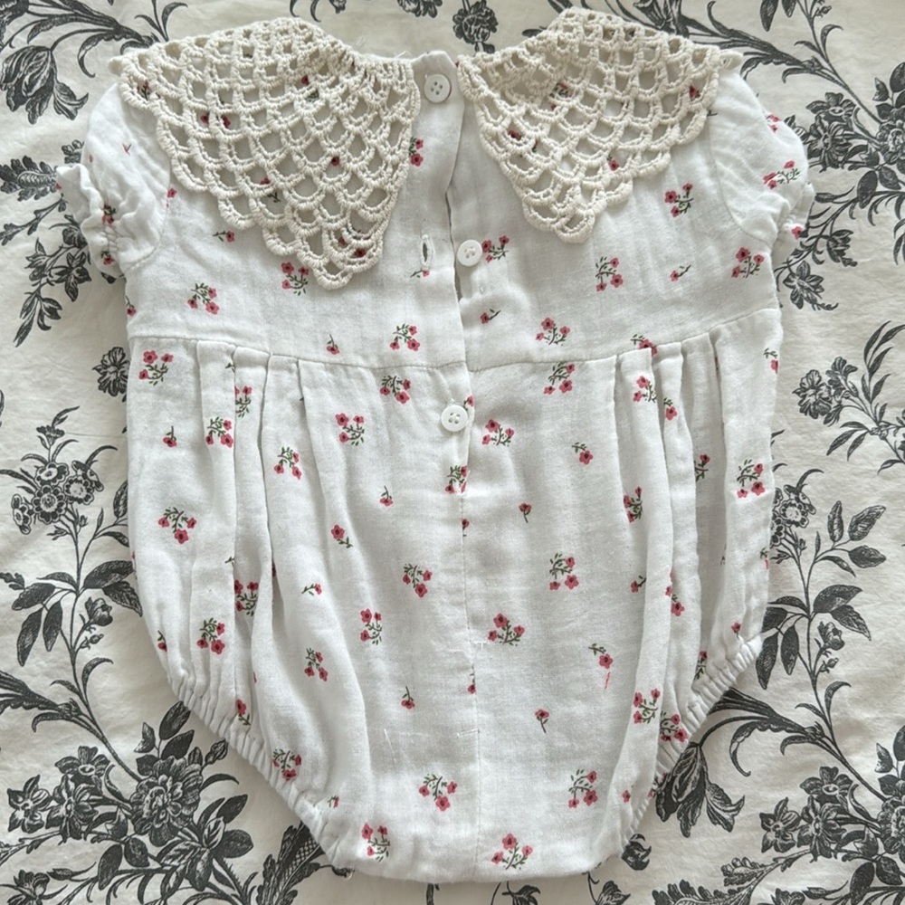 Floral White Baby Romper with Crochet Collar - Picture 5 of 5